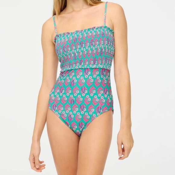 J. Crew Smocked One Piece Swimsuit Turquoise and Pink Size XS - Picture 2 of 14